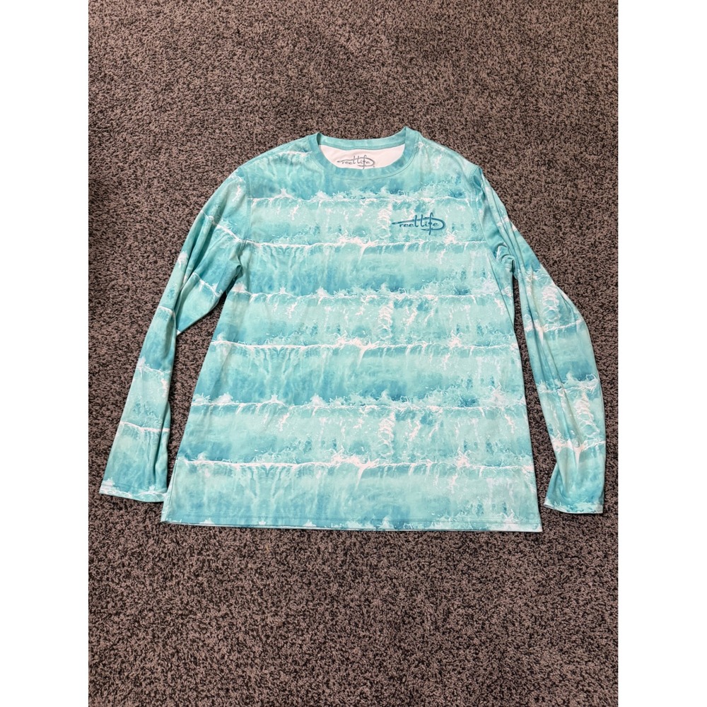 Reel Life Fishing Shirt Men Large Blue Tint Excellent Wave Print Performance LS
